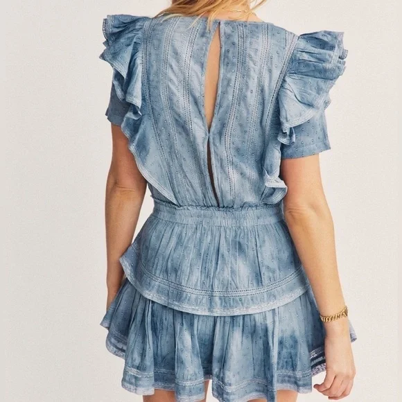 LoveShackFancy Natasha Dress Washed Denim Blue Ruffle Mini - Picture 6 of 11